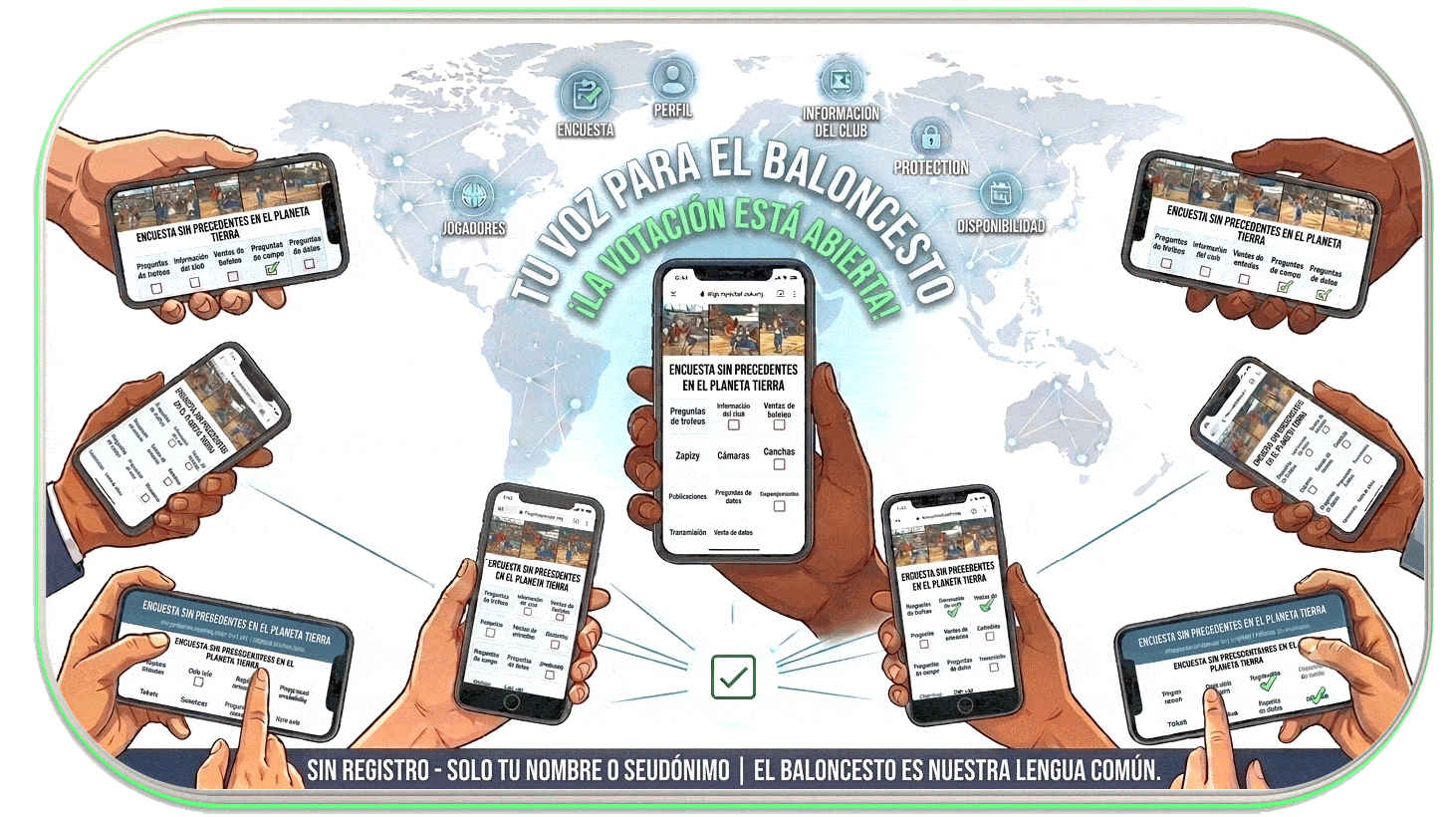 Para cada una y cada uno, en cada fase: myBBall fomenta colectivamente mejoras individuales adicionales y recíprocas sin perjudicar a nadie a través de efectos de red, escala, alcance y sinergia en el deporte del baloncesto.